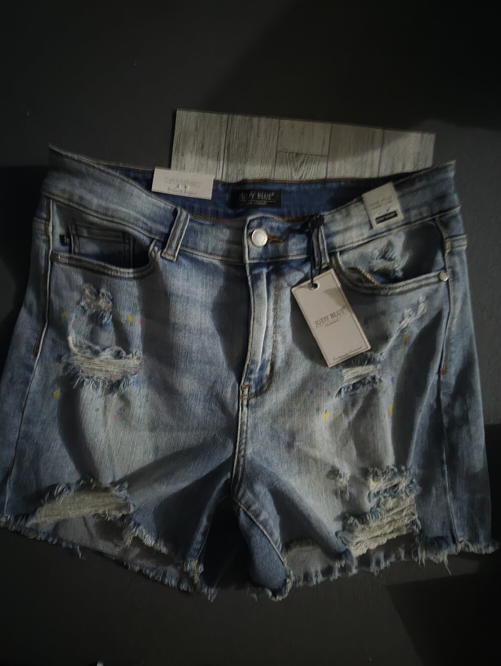 Judy Blues Light Wash Distressed Denim Shorts with Paint Detail